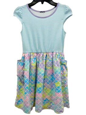 Girls Mermaid Scale Twirl Dress Size 6/6X Pastel Pockets Cap Sleeve